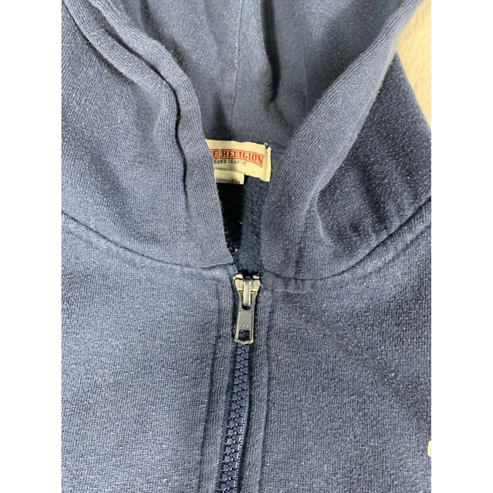 True Religion Men Size L Navy Blue Full Zip Hoodie Chenille Hood Logo